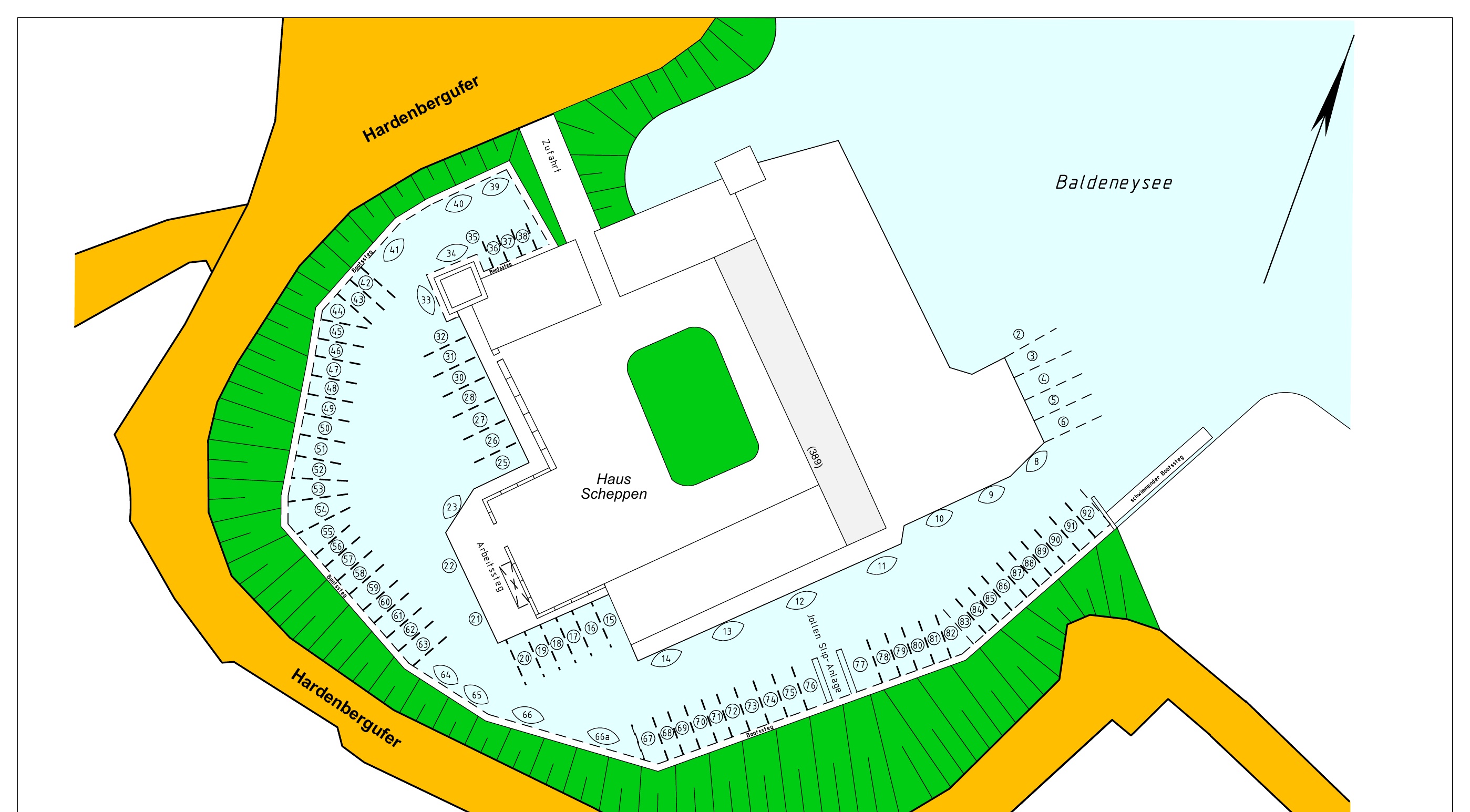 Boxenplan des EFKV-Yachthafens am Baldeneysee mit Haus Scheppen und allen nummerierten Liegeplätzen